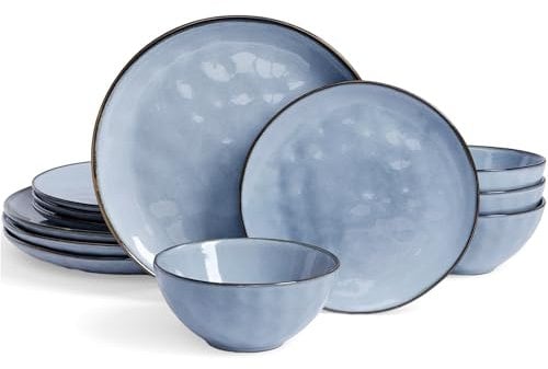 Richmount Ocean 12 Piece Dinner Set, Irregularly Shaped Plates and Bowls Set, Dinner Sets for 4, Reactive Glaze Dinnerware Sets, Dishwasher & Microwave Safe, Stylish & Durable, Service for 4, Blue