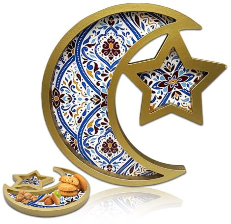 Dekoratives Tablett in Stern- und Mondform, perfekt, um den Ramadan mit Eleganz und Funktionalität zu feiern Ramadan Tablett,Ramadan Deko,Ramadan Tischdeko Eid Mubarak Teller Holz Tablett