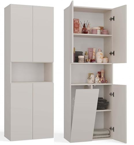 BDW NEL 1K/DK Armoire de salle de bain, panier à linge, 4 portes, 174 x 60 x 30 cm, meuble sous lavabo, meuble haut