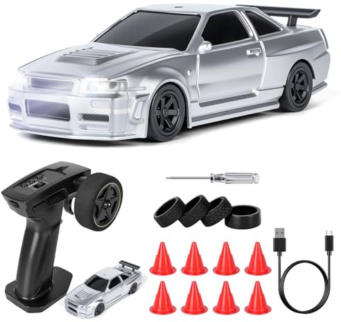 JONRRYIN Drift Auto Ferngesteuert, 1:43 Mini Drift Car, 4WD Tabletop Drift RC Car, Ferngesteuertes Auto ab mit LED Leuchten, 15 km/h, Spielzeugauto für Kinder ab 14 Jahre (Grau - Standard)