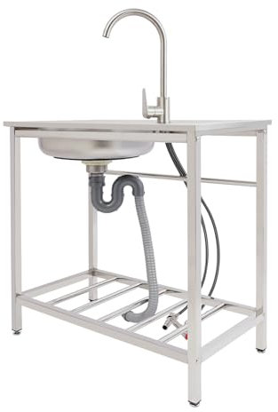 Etrhdfyts Edelstahl Küche Spüle mit Unterschrank Spültisch, Freistehendes Spülbecken mit Kalt und Warm-Wasserhahn, Ablauf-Schlauch, Küchenspüle für Restaurant Outdoorküche Camping,1 Becken 75x40x75cm