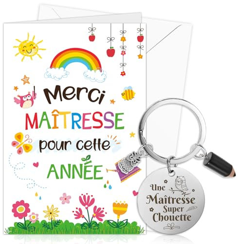 DPKOW Original Cadeau Merci Maitresse d'École Fin d'Année, Merci Maîtresse Carte avec Enveloppe Porte-Clés Maitresse Maternelle Cadeau Remerciement Institutrice, Une Maîtresse Super Chouette