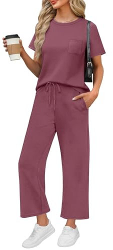 Topassion Zweiteiler Damen Ärmellose/Kurzarm Hosen Mit Weites Bein Hosenanzug 2 Teilig Leicht Tshirt Und Hose Elegant Sommeranzug Casual Sommer Outfits Bequem Jogginganzug Business Anzug(Hot Pink,S)