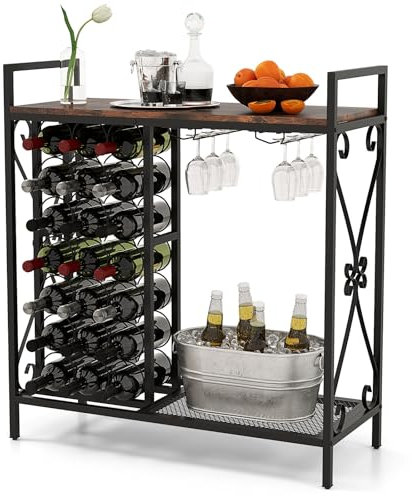 TANGZON 21 Bottle Wine Rack, Industrial Wine Bar Cabinet with Glass Holders, Top & Bottom Storage Shelf, Freestanding Home Bar Drinks Liquor Cocktail Alcohol Bottle Table Organizer