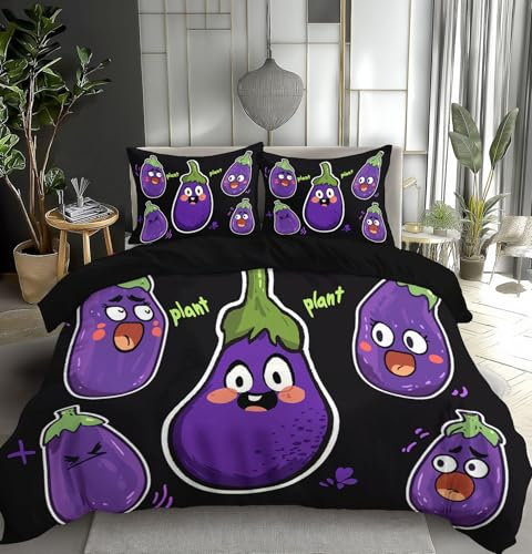 TDNEKMCA Bettwäsche 200x220cm 3 Teilig Mikrofaser, Bettwäsche-Sets mit 2 Kissenbezug 80x80 cm,Süße Aubergine Anlage Bettbezüge, Bettbezug für Doppelbett mit Reißverschluss, Schwarz
