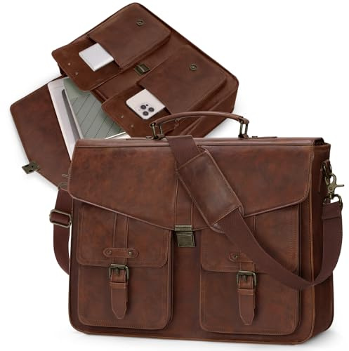 RAINSMORE 17,3 Zoll Herren Messenger Bag PU Leder Laptop Aktentasche Verwendung für Arbeit, Büro & Geschäftsreisen, geräumige Umhängetasche, Braun