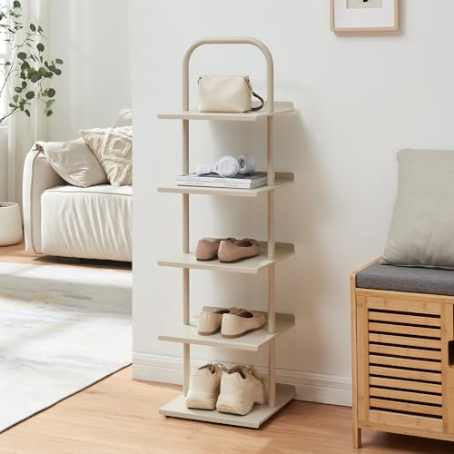 [en.casa] Schuhregal schmal Poytya mit 5 Ebenen Metall 119 x 34 x 32 cm Schuhständer für 5 Paare Schuhregal Standregal Flur Wohnzimmer Champagne