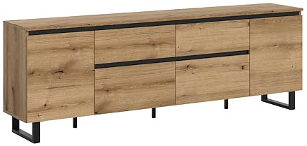 xonox.home – Lowboard Tomasa 188x65x36 cm in Evoke Oak Nachbildung und Schwarz – Modernes TV-Board mit Stauraum – wohnliches Design in Holzoptik – robust & geräumig