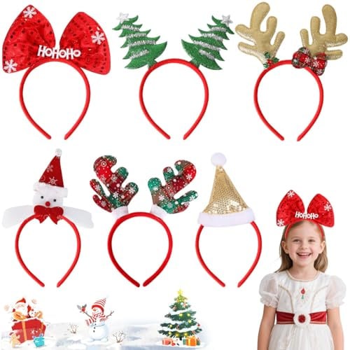 GTJEOI 6 Stück Weihnachten Haarreifen, Weihnachts Stirnbänder Schneemann Weihnachtsbaum Rentier Geweih, Weihnachtsdeko Kopfschmuck für Kinder und Erwachsene, Haarschmuck für Weihnachten
