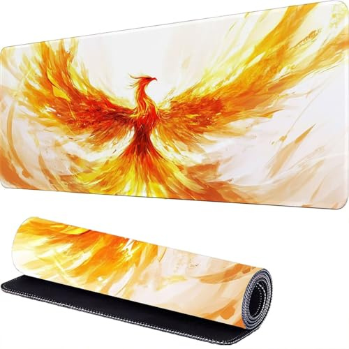 Large Gaming Mouse Pad 1600 x 800 x 3mm Phoenix Extended Mouse Mat, Fire Desk Mat, Mousepad Keyboard Mats for Desk, Mousemat with Non-Slip Base and Stitched Edge, for PC, Laptop, Keyboard, Desks r-96