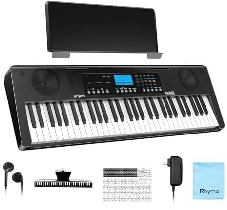 Rhymo 61 Key Electronic Piano Keyboard for Beginners, Touch-Sensitive Full Size Portable Keyboard Piano with LCD Screen, Music Stand, Power Adapter, Headphones, Birthday Gifts