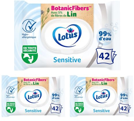 Lotus Papier Toilette Humide Sensitive - Sans colorant, ni parfum - Fibres FSC 100% d’origine naturelle - 42 feuilles (lot de 3)