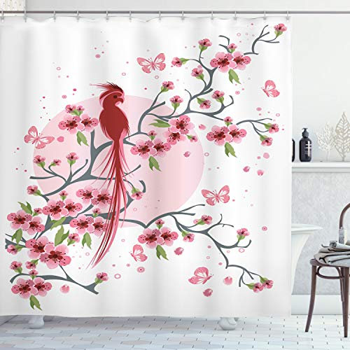 ABAKUHAUS Japonais Rideau de Douche, Mythical Phoenix Oiseau, Tissu Ensemble de Décor de Salle de Bain avec Crochets, 175 cm x 200 cm, Rose