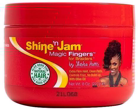 Ampro Shine-n-Jam Magic Fingers Gel für Zöpfe. Bietet festen Halt mit nicht fettendem Glanz. Stärkt das Haar mit Seidenproteinen. Funktioniert bei jeder Haarstruktur, um mehrere Styles zu kreieren. 2