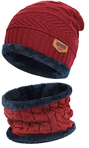 Bequemer Laden Kinder Winter Warm Mütze und Loop Schal Set mit Fleece Gefütterte für 3-8 Jahre Jungen Mädchen, Wintermütze Strickmütze Beanie Schlauchschal Halswärmer Geschenk Weihnachten, Rot