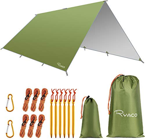 RYACO Tarp 3x4 m Wasserdicht Zeltplane Ultraleicht mit ösen + 6 Erdnägel + 6 Seilen, Anti-UV Schnee Regen Schutz Leicht Kompakt für Hängematte Camping Wandern Picknick Reisen Outdoor Aktivitäten