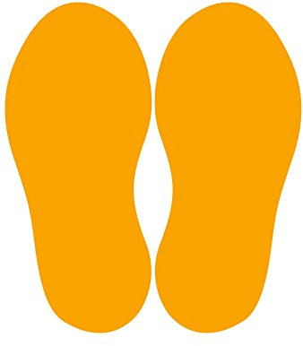 Bodenaufkleber Fußpaar zum Abstandhalten – selbtklebende Abstandshalter für den Fußboden mit Anti-Rutsch-Beschichtung (10 Paar Fußabdrücke | Fußgröße 250 x 100 mm | Orange)
