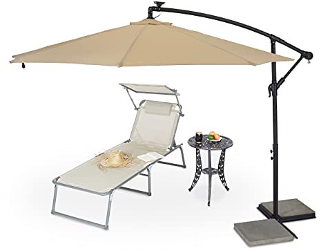 Relaxdays Ampelschirm mit Kurbel, ∅ 300 cm, LED Beleuchtung, Schutzhülle, neigbar, XXL Sonnenschirm mit Ständer, beige