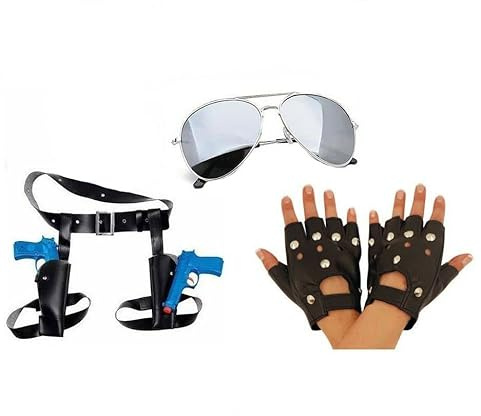 jokeshop Lara 3pc Set (Double Thigh Holster with Guns, Glasses & Gloves) Temple Raider Treasure Hunter Fancy Dress