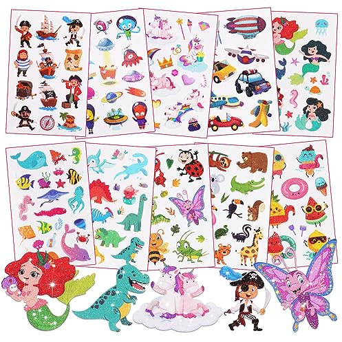 ACWOO Glitzer Tattoo Set Kinder Tattoo Kinder, 10 Blätter Einhorn Tiere Dinosaurier Temporäre Kindertattoos, Tattoos für kinder Mädchen Jungen für Kindergeburtstag Party Mitgebsel