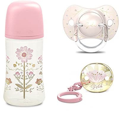 Suavinex, Gold Edition Geschenkset Flasche 270ml + Schnuller 0-6M + Clip, Rosa