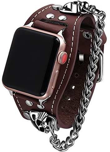 VIQIV Leather Skull Cuff Bracelet Compatible with Apple Watch Band Ultra 49mm 44mm 45mm 42mm 41mm 40mm 38mm Series 9 8 7 6 5 4 3 2 SE for Men Women, Punk Steampunk Wrist Watch Strap for iwatch Band
