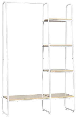 HOMCOM Portant à vêtements penderie portemanteau style industriel avec 4 étagères et 1 tringle en acier et bois dim. 101L x 39l x 160H cm naturel et blanc