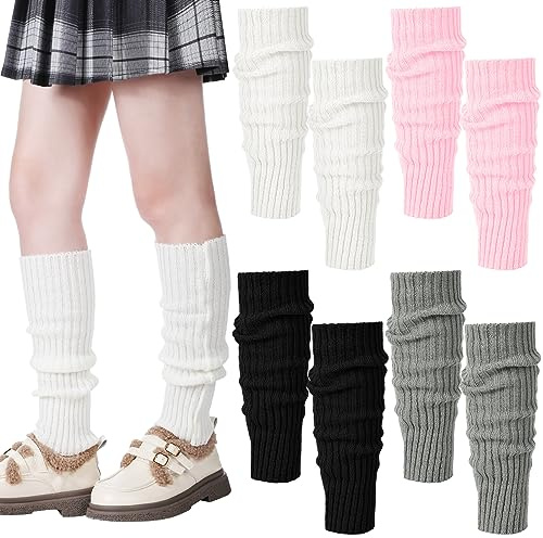 Ramede 4 Pairs Leg Warmers for Girls Kawaii Y2k 80s Japanese Loose Knitted Ribbed Leg Warmers Women Lolita Socks Cover(Black, White, Pink, Gray,Classic Style)