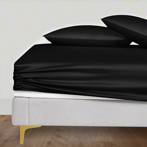 LINENWALAS 100% Tencel Lyocell Spannbettlaken Doppelgröße 140x190 cm, bis zu 40 cm tiefe Tasche, weiches, kühlendes Seiden-Eukalyptus-Bettlaken, Hotel-Qualität Premium hypoallergenes Unterbett (Jet