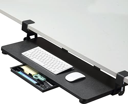 ETHU Under Desk Keyboard Tray, 68x30cm Ergonomic Pull-out Tray with C-Clamp Large Size Keyboard Tray Mount Easy to Install, Computer Keyboard Stand for Home and Office (Black)