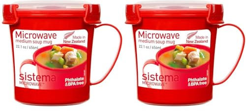 Sistema Microwave Soup Mug | 656 ml Microwave Food Container with Steam-Release Vent | BPA-Free | Red/Clear | 1 Count [1107] (Pack of 2)