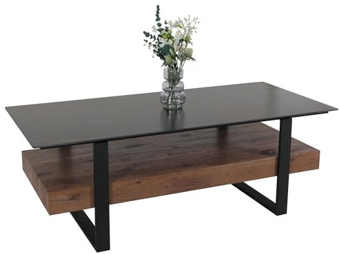 Mendler Couchtisch HWC-L88, Wohnzimmertisch Tisch, Ablage Eisen 43x120x60cm Sinterstein Marmor-Optik schwarz Holz Dunkelbraun