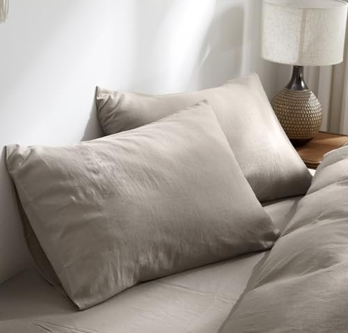 TUMEI Kissenbezüge aus 100 % Leinen, Queen-Size-Größe (60 x 50 cm), Standard-Kissenbezüge, gewaschen, einfarbig, natürliches Flachs, weich, atmungsaktiv, Morandi-Grau, Queen-Size-Bett