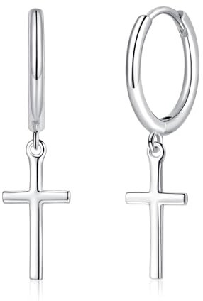 Deyanse Damen Creolen Ohrringe Hängend, 925 Sterling Silber Dangle Baumeln Creolen Ohrhänger, Hypoallergen Kreuz Anhänger Creolen Ohrringe, Weißgold Hängeohrringe für Frauen Mädchen Mutter Schwestern