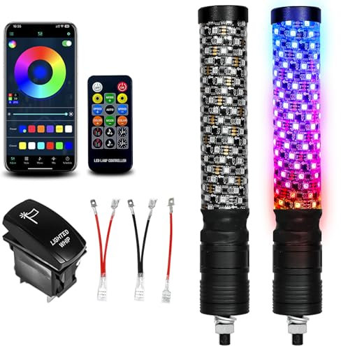 VI9000 Lot de 2 feux de fouet à LED avec application et télécommande, avec spirale RVB avec interrupteur à bascule, lumière de fouet musicale pour SXS UTV ATV RZRCan-Am X3