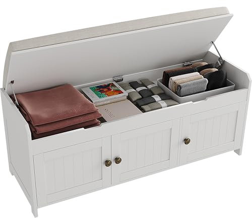 HOME BI Shoe Bench, Storage Bench with Padded Seat Cushion, Bench with 3-Door Storage Cabinets,Shoe Cabinet for for Entry, Bedroom, Cloakroom, Living Room and Hallway (105Wx38.5Dx45.5H cm/White)