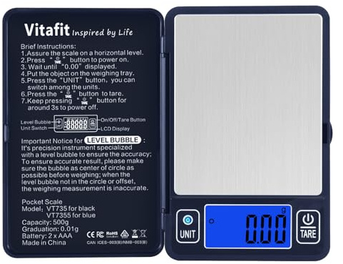 Vitafit 500g Digitale Taschenwaage mit 0,01g, Hohe Genauigkeit durch Eingebaute Libelle, Feinwaage Grammwaage für Mehrere Funktionen: Küche, Lebensmittel, Schmuck, Labor, Kaffee, Blue