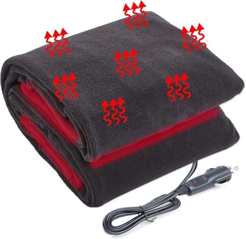 Big Ant 12v Heizdecke Autodecke, Fleecedecke Kuscheldecke mit konstanter Temperatur, Reisedecke für Auto und Wohnmobil, ideal für Winter, Schwarz