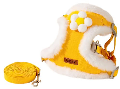 Valicaer Winter Plush Pet Harness and Leash Set,Winter Dog Harness Padded Pet Vest Harness for Small and Medium Dogs Cute Warm Chest Back Strap Harness for Training Walking (Yellow, M)