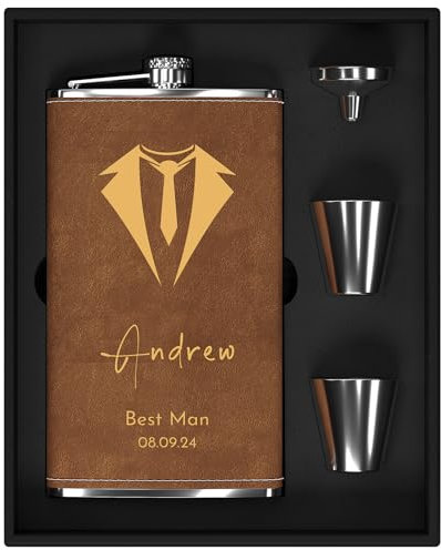 Best Man Hip Flask 12 oz, Groomsmen Hip Flask Personalised, 304 Steel Stainless Custom Flask for Best Man Gifts, Large Engraved Flask for Wedding Groomsmen Gifts (Brown-Design 1)