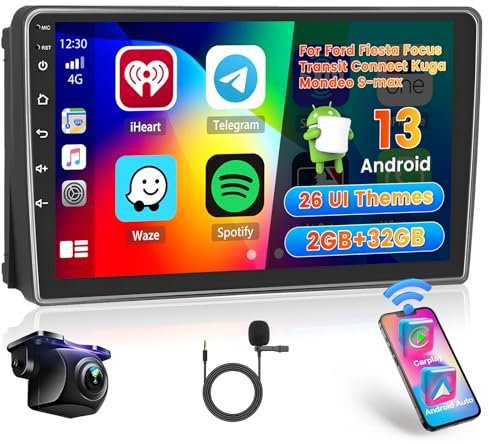Hikity 2G+64G Autoradio per Ford Transit 2009-2016/ Ford Focus 2005-2008 Android 15 Wireless Carplay Radio Stereo Auto con 26UI 9 Pollici Schermo Android Auto GPS WIFI Bluetooth EQ FM RDS Telecamera