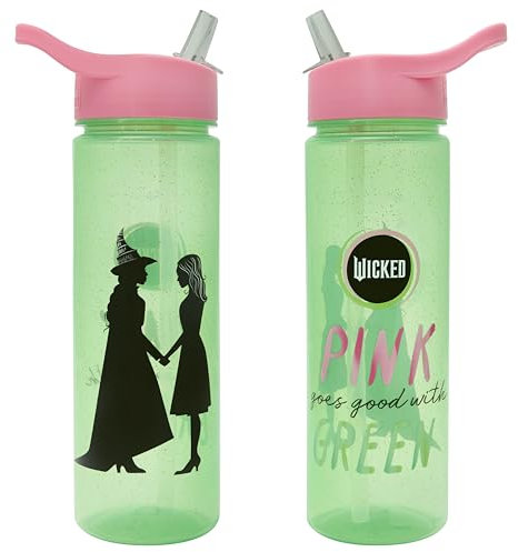 Wicked Universal Pictures 600ml Water Bottle with Straw by Polar Gear | Official Merchandise Girls Merch with Glinda & Elphaba | For Adult & Kids, Green & Pink