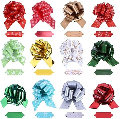 LOMIMOS 12 Pièces Nœuds à Tirer en Plastique pour Décoration de Noël, Ruban de Cadeau Multicolore pour Bouquet, Panier et Arbre de Noël