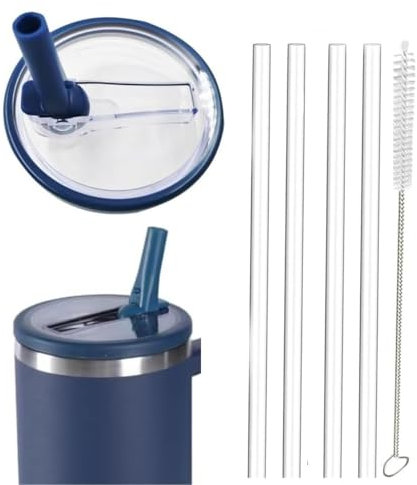 Leak Proof Lid for Stanley Cup,1 Pack 40 oz Tumbler Flip Straw Lid Replacement fit for Stanley Quencher 1.2L, Reusable Tumbler Cover Sets with 4 Straws and 1 Cleaning Brush (Dark Blue, 40 oz)