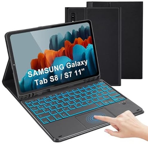 LAMA Tastatur Hülle mit Touchpad für Samsung Galaxy Tab S8 11 2022/Tab S7 11 2020, Kabellose Tastatuhülle mit Hintergrundbeleuchtung Bluetooth Tastatur Hülle DE QWERTZ Layout, Schwarz Beleuchtet
