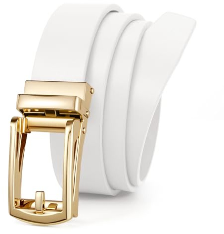 JasGood Automatik Ledergürtel Damen Ratschengürtel für Jeans Hosen Kleider Verstellbarer Ohne Löcher Damen Gürtel mit Goldfarbener Schnalle 30mm Breite,Weiß,115cm