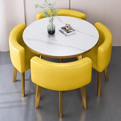 Modernes rundes Esstisch-Set mit 4 Stühlen, 80 cm, Küchentisch für Büro, Konferenzraum, Gelb, Essgruppe für Küche, Lounge, Wohnzimmer