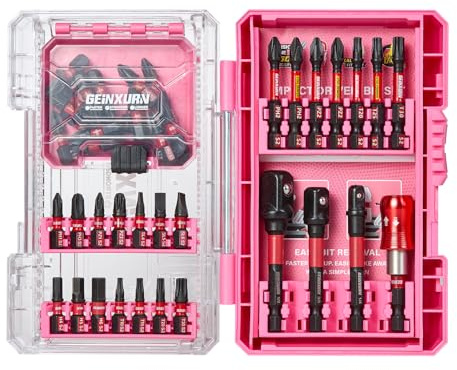Geinxurn 45-teiliger Schraubendreher-Bitsatz aus schlagfestem, S2-Stahl Magnetische Torx/Phillips/Pozidriv/Schlitz/Hex-Kopf Bit Set, 1/4” Sechskantschaft, inkl. Bit-Halter mit Rosa Aufbewahrungsbox
