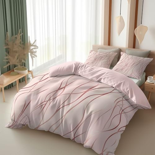 Duvet Cover Set Rose Gold Foil Line Art Bedding Set for Kids Boys Girls Pink Soft Easy Care Reversible Comforter Quilt Cover 3Pcs With Pillow Zipper Closure Super King (260x220cm)
