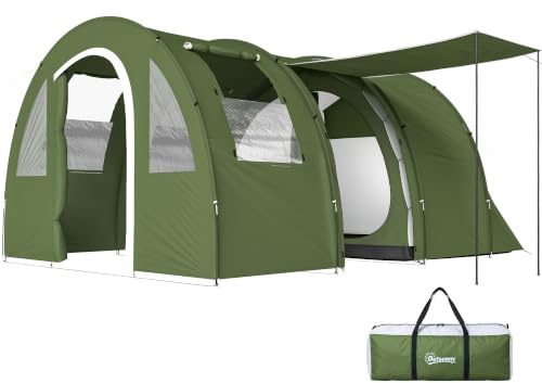 Outsunny 4 Man Tunnel Tent, Two Room Large Camping Tent with Floor, 2 Doors and Carry Bag, 2000mm Water Column for Fishing, Hiking, Sports, Festival, 475L x 315W x 215H cm, Green